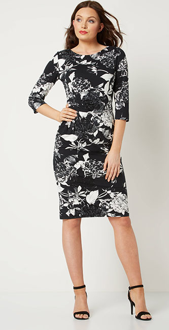 Black Monochrome Rose Print Dress Roman Originals