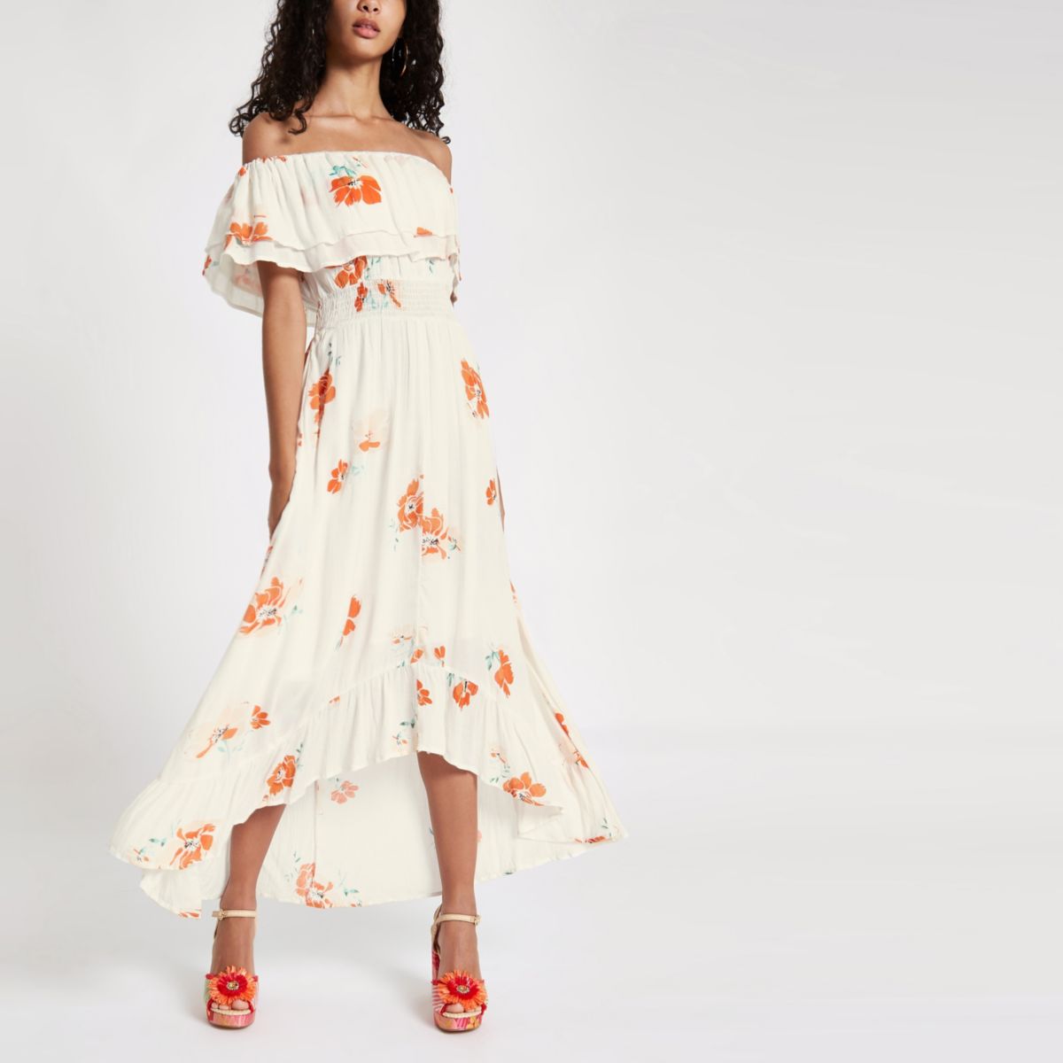 Cream Floral Print High Low Hem Maxi Dress (River Island)