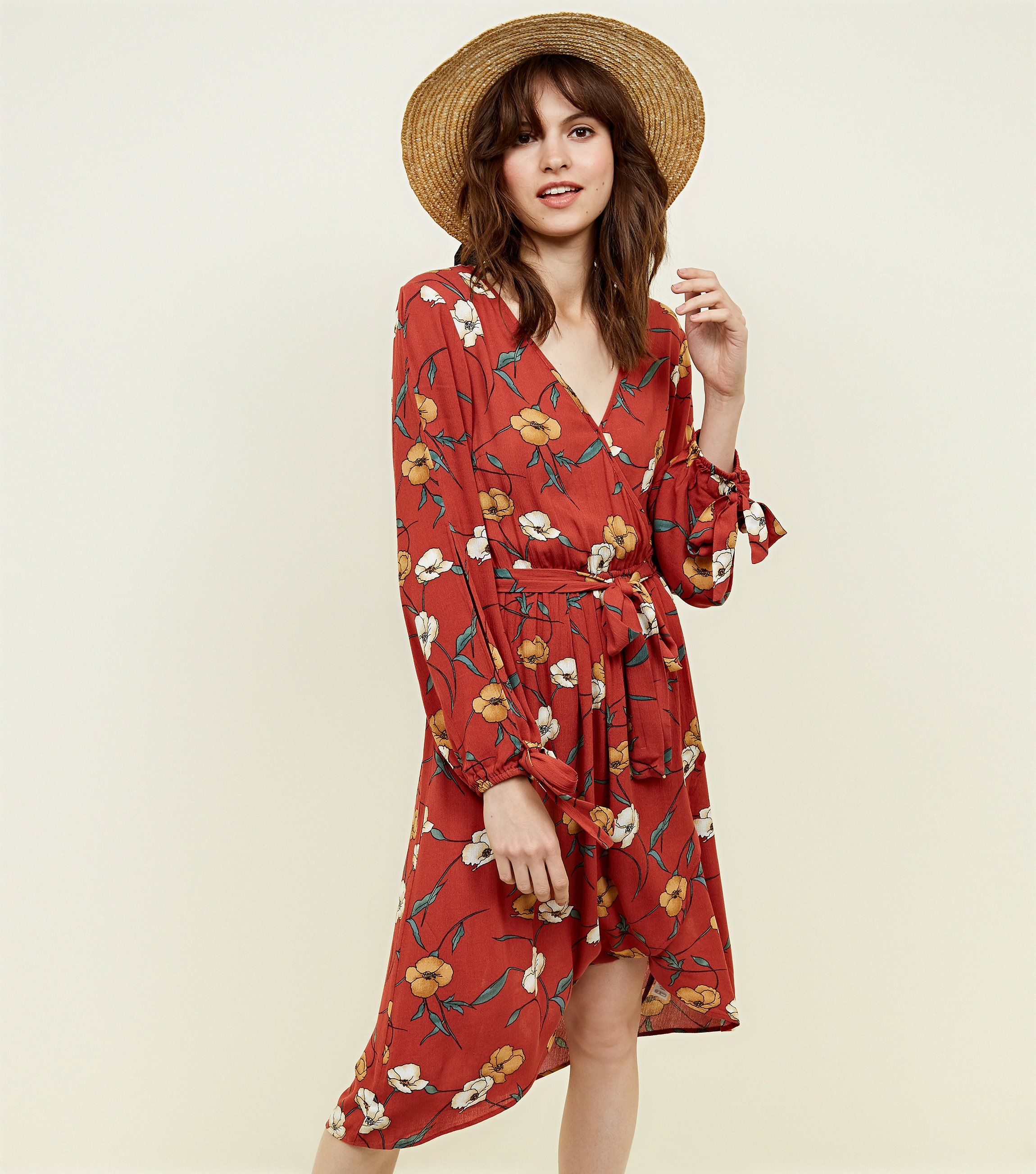 New Look Rust Floral Print Wrap Front Midi Dress