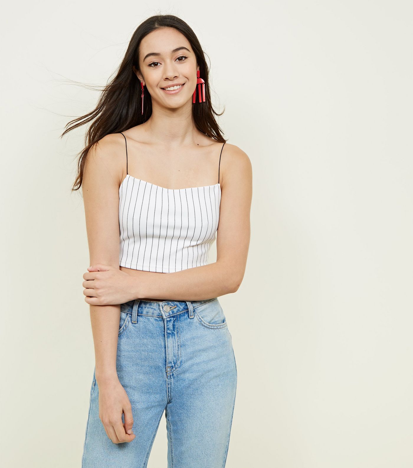 White Pinstripe Cropped Cami Top (New Look)