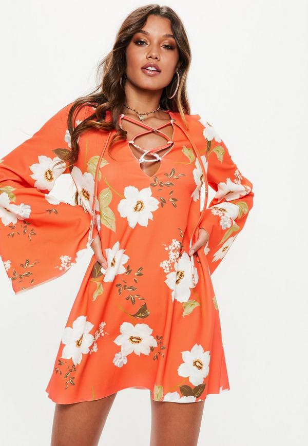 Missguided Orange Smock Lace Up Flared Sleeve Mini Dress