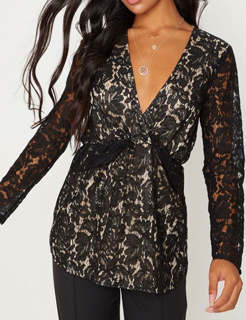 Black Lace Long Sleeve Plunge Top (PrettyLittleThing)