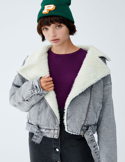 Cropped Faux Shearling Denim Jacket (Pull&Amp;Bear) €45.99