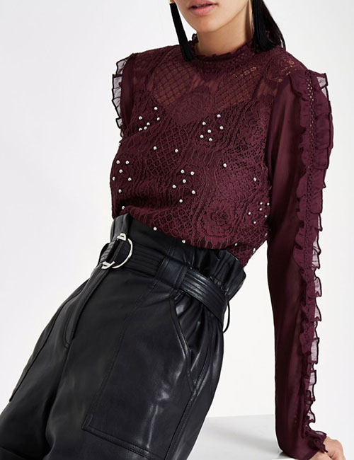 Dark Red Lace Long Sleeve Top (River Island)