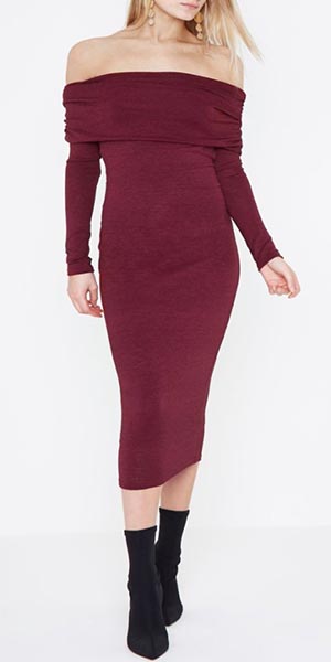 Dark red ruched folded bardot knit midi dress River Island €18
