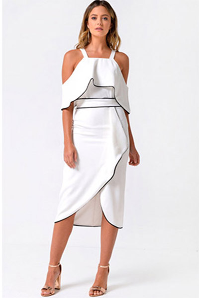 Lola Off Shoulder Contrast Piping Dress In White From Iclothing €129.00