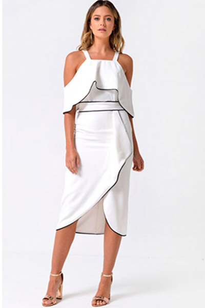 Lola Off Shoulder Contrast Piping Dress in White from IClothing €129.00