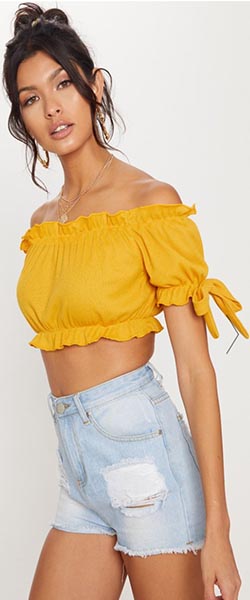 Mustard Bardot Bow Sleeve Jersey Crop Top (Prettylittlething) €13.50