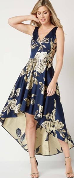Navy Gold Jacquard Rose Gown Dress From Roman Originals