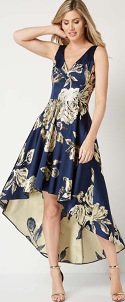 Navy Gold Jacquard Rose Gown Dress from Roman Originals