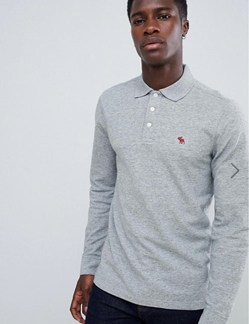 Abercrombie & Fitch icon logo long sleeve stretch slim fit pique polo in grey marl(Asos)