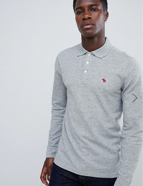 Abercrombie &Amp; Fitch Icon Logo Long Sleeve Stretch Slim Fit Pique Polo In Grey Marl(Asos)