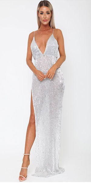 Fashion review of this Belinda Sequin Long Gown from Cari’s Closet