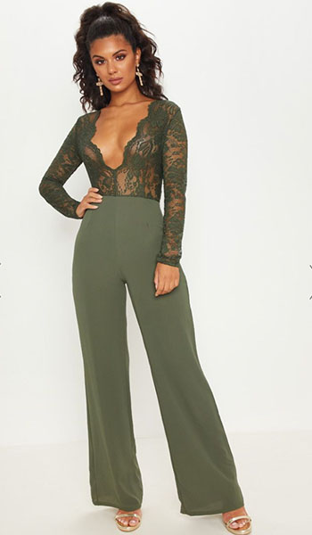 Khaki Plunge Jumpsuit from PrettyLittleThing