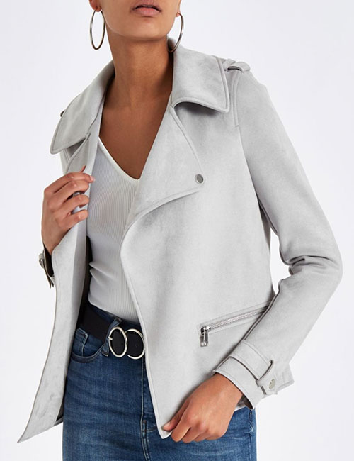 Light Grey Suede Popper Front Zip Jacket (River Island)