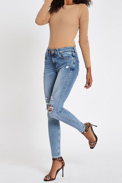 Mid Blue Amelie Ripped Super Skinny Jeans From River Island