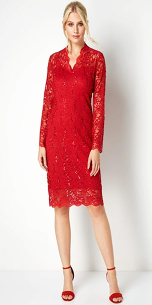 Red Lace And Sequin Long Sleeves Dress From Roman Originals