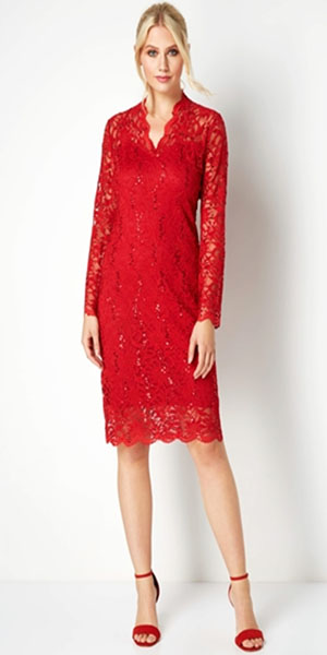 Red Lace and Sequin Long Sleeves Dress from Roman Originals