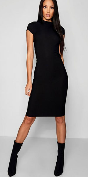 High Neck Short Sleeve Ribbed Midi Dress from Boohoo