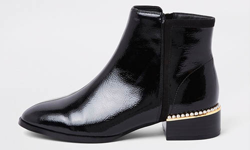 Black Patent Leather Pearl Trim Ankle Boots from River Island