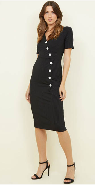 Black Ribbed Button Wrap Midi Dress from New Look