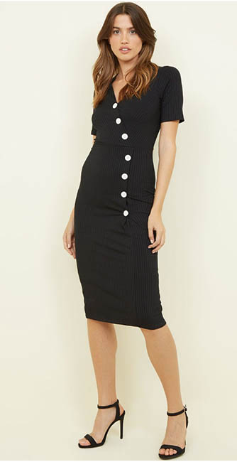 Black Ribbed Button Wrap Midi Dress From New Look