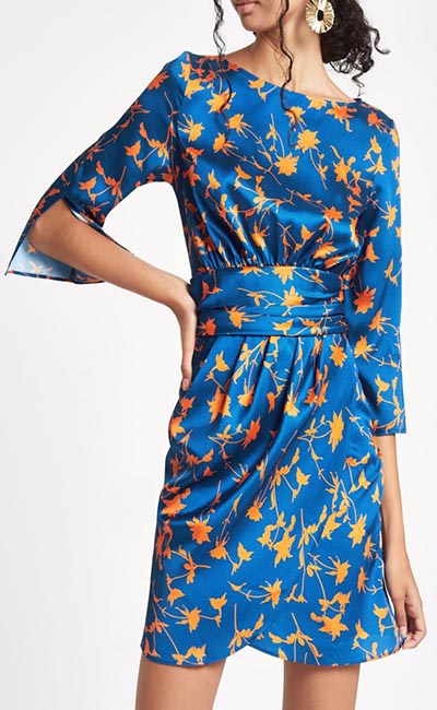Blue Floral Print Wrap Dress from River Island