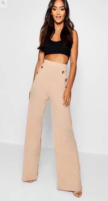Petite Mock Horn Button Rib Wide Leg Trousers from Boohoo