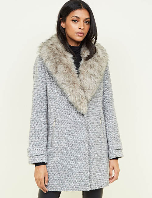 Grey Shawl Faux Fur Collar Coat From New Look