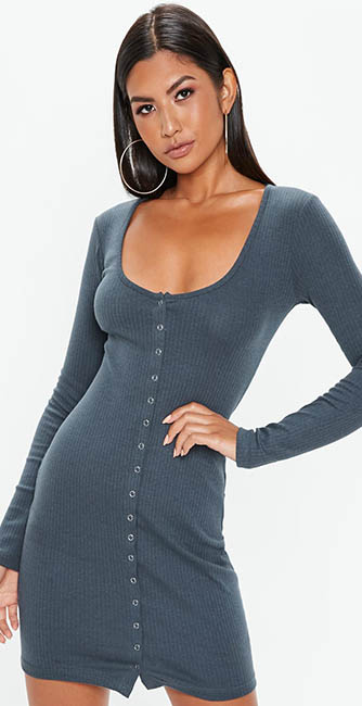 Ribbed Popper Bodycon Mini Dress from Missguided