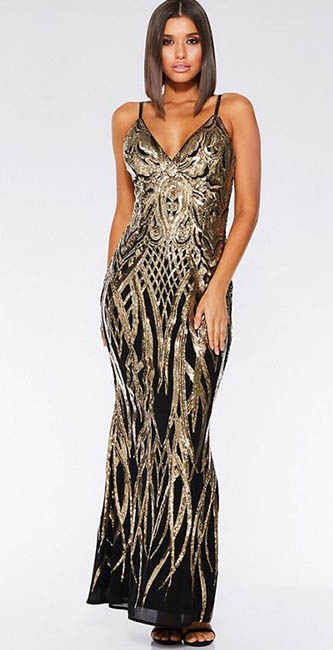 Quiz Black and Gold V-Neck Fishtail Maxi Dress from Debenhams