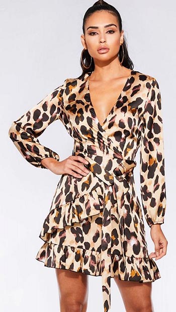 Quiz Stone And Black Satin Leopard Print Wrap Dress From On-Line Fashion Retailer, Debenhams