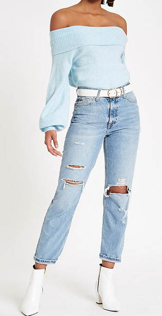 Light Blue Knit Bardot Jumper from River Island