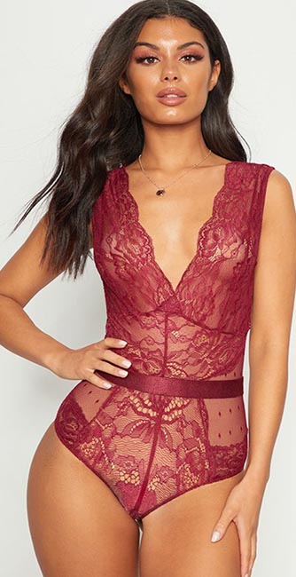 Maroon Lace Bodysuit From Prettylittlething