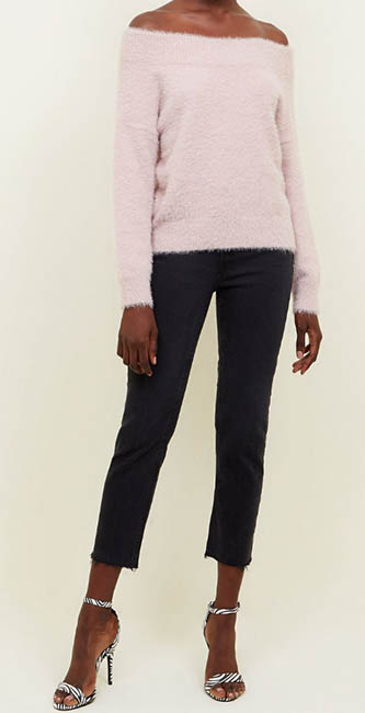 Pale Pink Fluffy Bardot Jumper From New Look