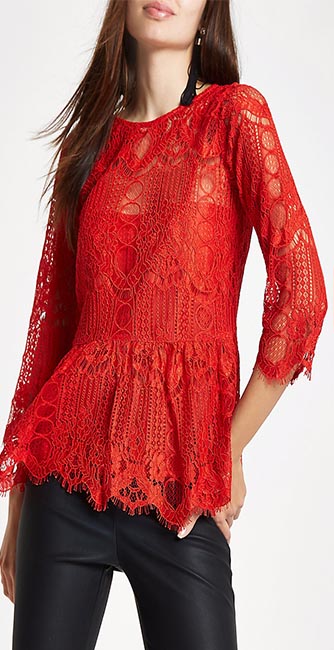 Red Lace Peplum Hem Lace Top from River Island