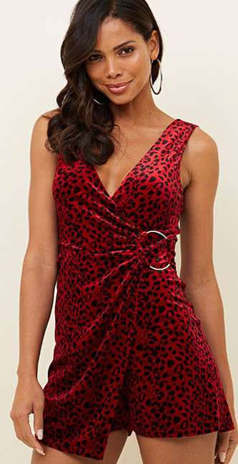 Red Leopard Print Velvet Playsuit from Next