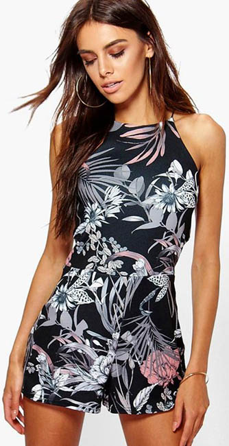 Rose Dark Floral High Neck Playsuit From Boohoo