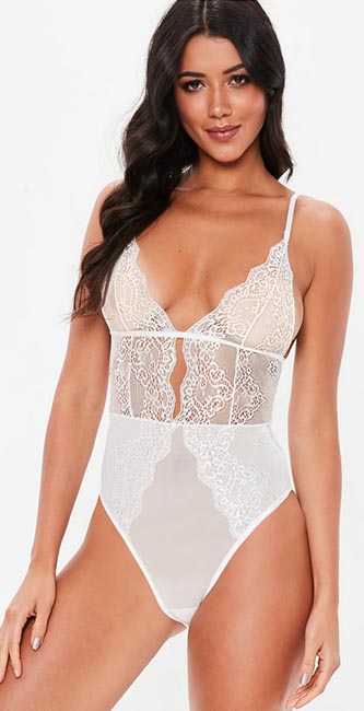 White Lace Triangle Cup Bodysuit from Missguided