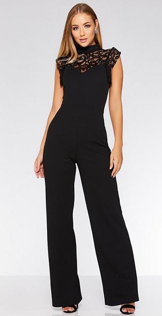 Front View Of This Quiz Black Lace Frill High Neck Palazzo Jumpsuit