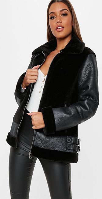 Front view of this tall black faux fur ultimate aviator jacket from Missguided