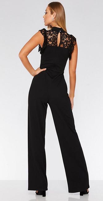 Rear view of this Quiz Black lace frill high neck palazzo jumpsuit