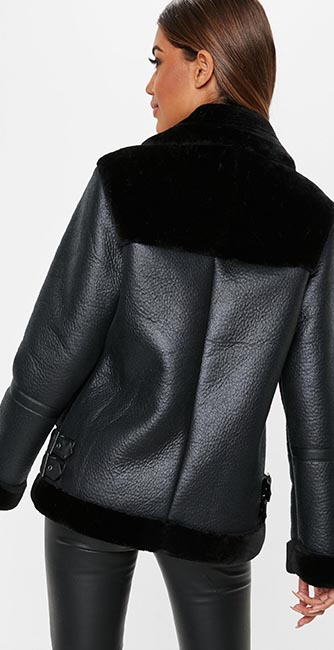 Rear view of this tall black faux fur ultimate aviator jacket from Missguided