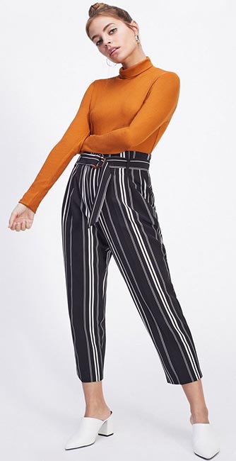 Front view of these Mono Striped Paperbag Trousers from Miss Selfridge
