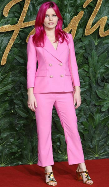 Georgina Jagger wears matching Fuchsia two-piece suit (Instagram)