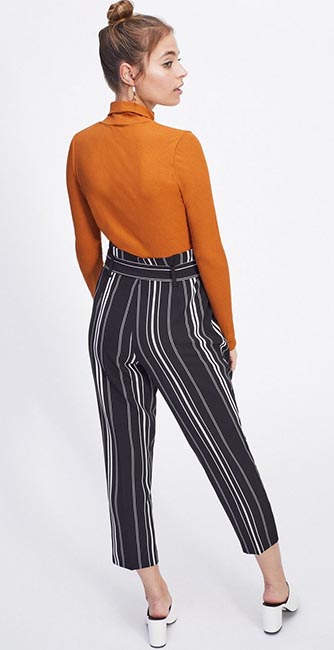 Rear view of these Mono Striped Paperbag Trousers from Miss Selfridge