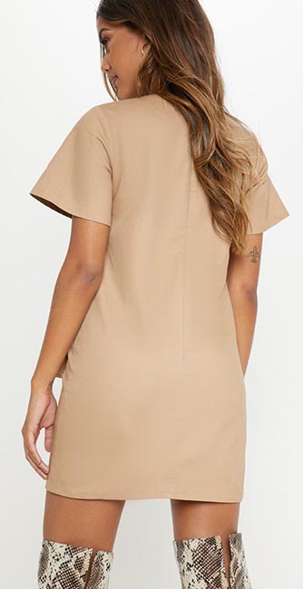 Rear view of this Camel utility pocket shift dress from PrettyLittleThing