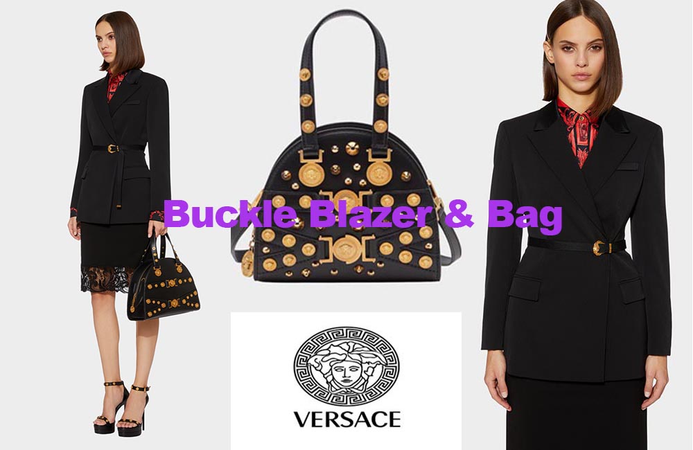 Buckle blazer and tribute bag from Versace