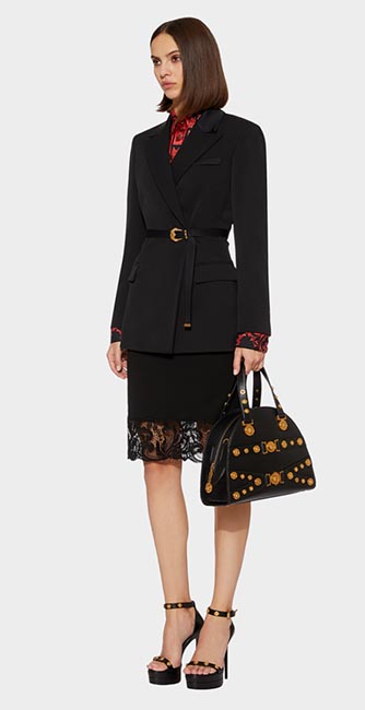 Buckle blazer and tribute bag from Versace