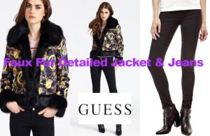 Faux Fur detailed jacket and jeans from Guess